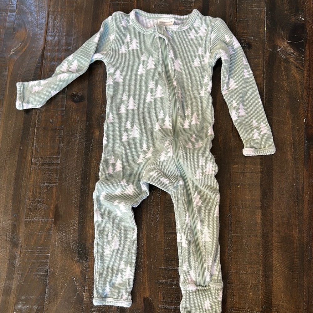 Green and White Footie One Piece with Enclosed Feet